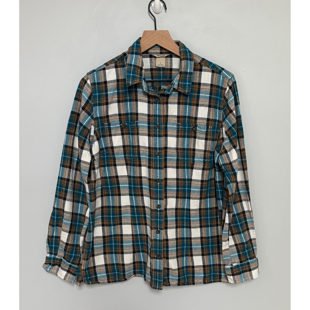 Duluth Trading Co Women's Plaid Flannel Long Sleeve Cotton Shirt Teal Brown L